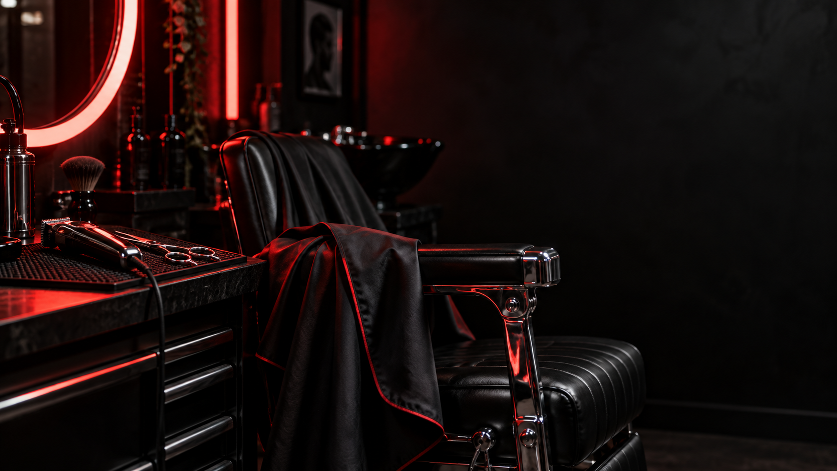 Illustrative barbershop scene: clippers and scissors on a dark station counter beside a glowing ring light