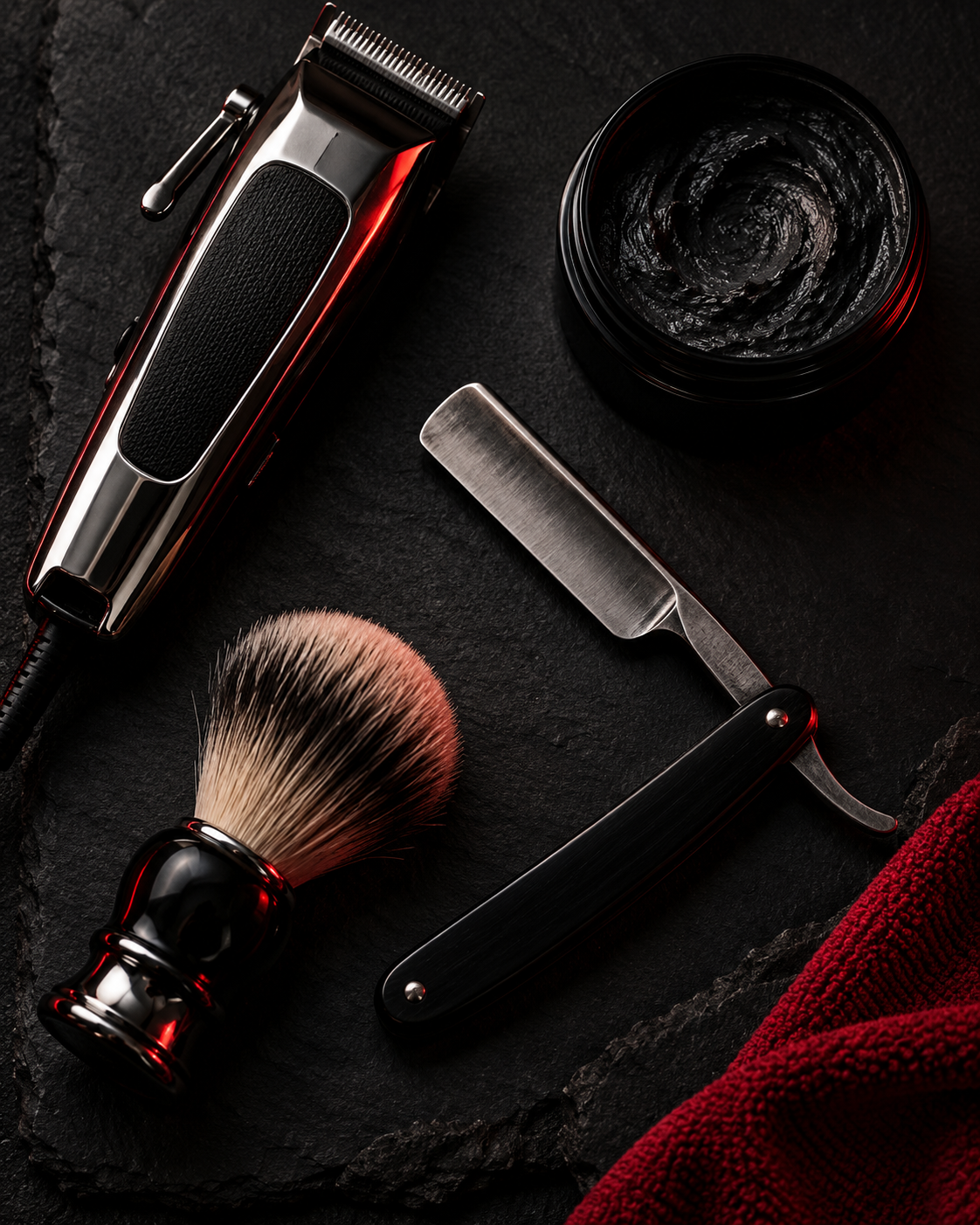 Illustrative flat lay of barber tools: clipper, razor, brush, and shaving supplies on dark slate